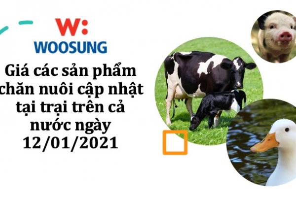Giá các sản phẩm chăn nuôi cập nhật tại trại trên cả nước ngày 12/01/2021.